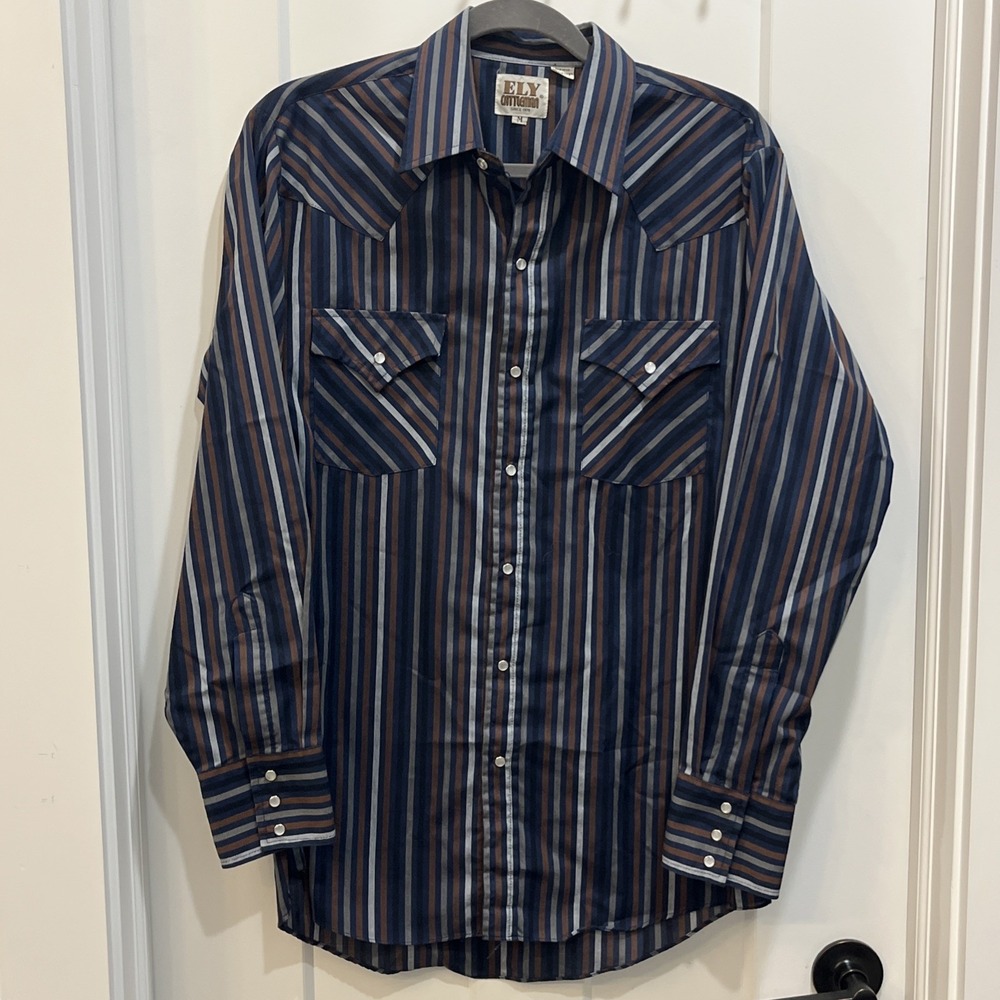 VTG Ely Cattleman Mens LS Pearl Snap Western Shirt Striped Lightweight Sz Medium